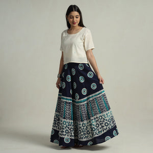 Blue - Hand Batik Printed Running Stitch Cotton Long Skirt 65