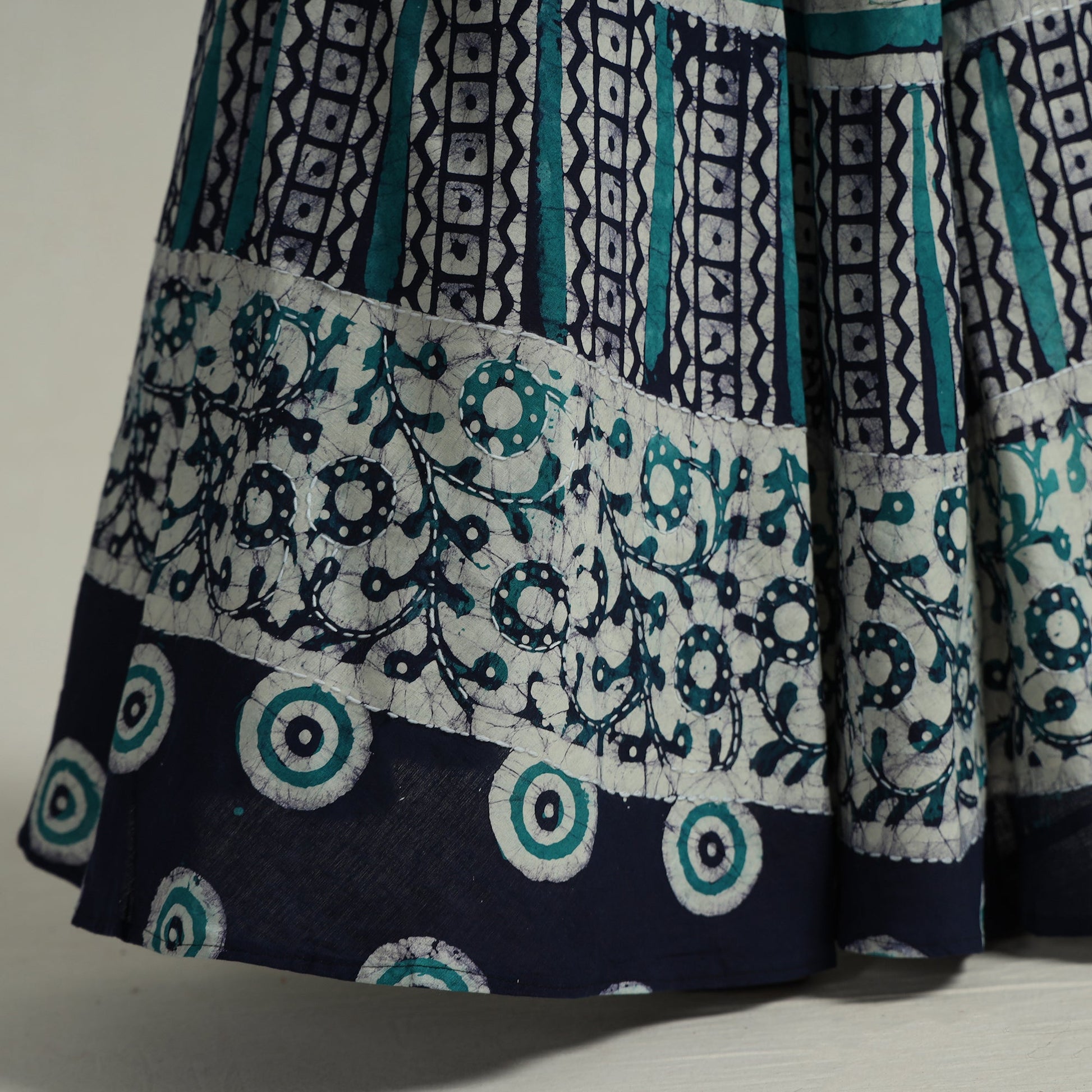Blue - Hand Batik Printed Running Stitch Cotton Long Skirt 65