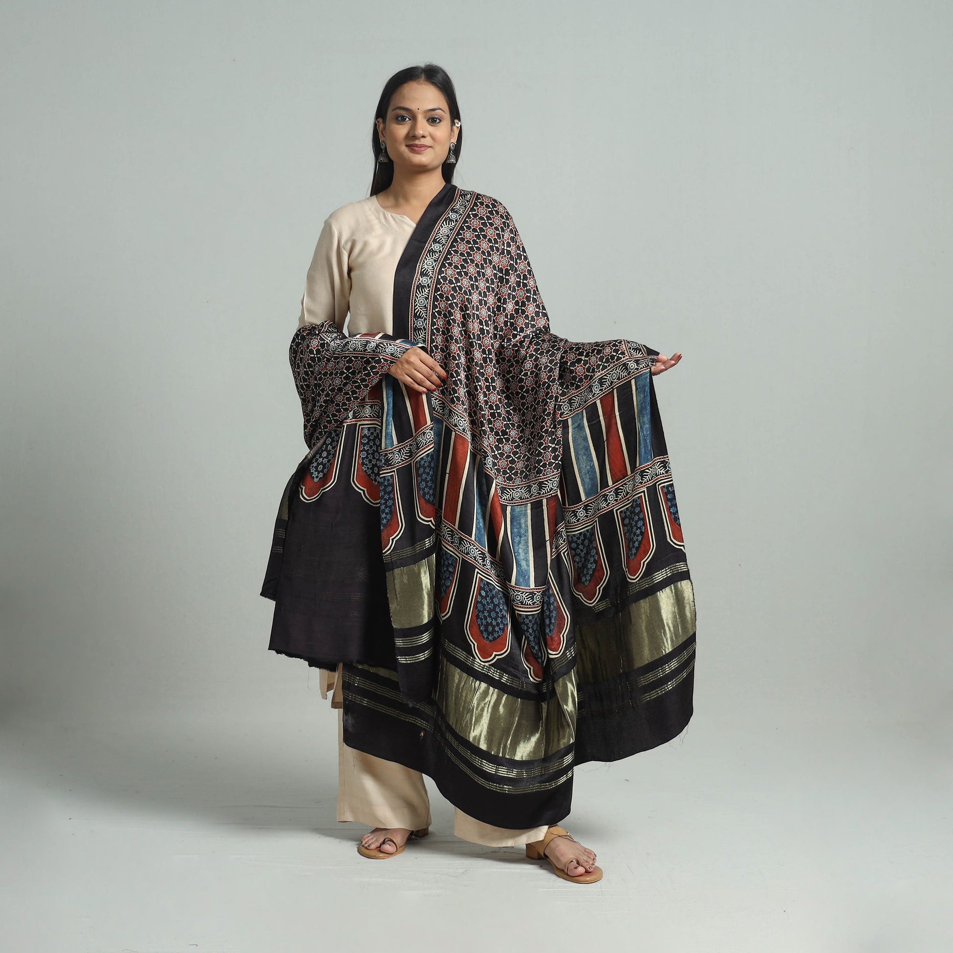 Black - Modal Silk Block Print Ajrakh Dupatta 89
