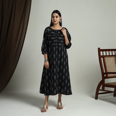 Black - Flared Cotton Pochampally Ikat Dress 12