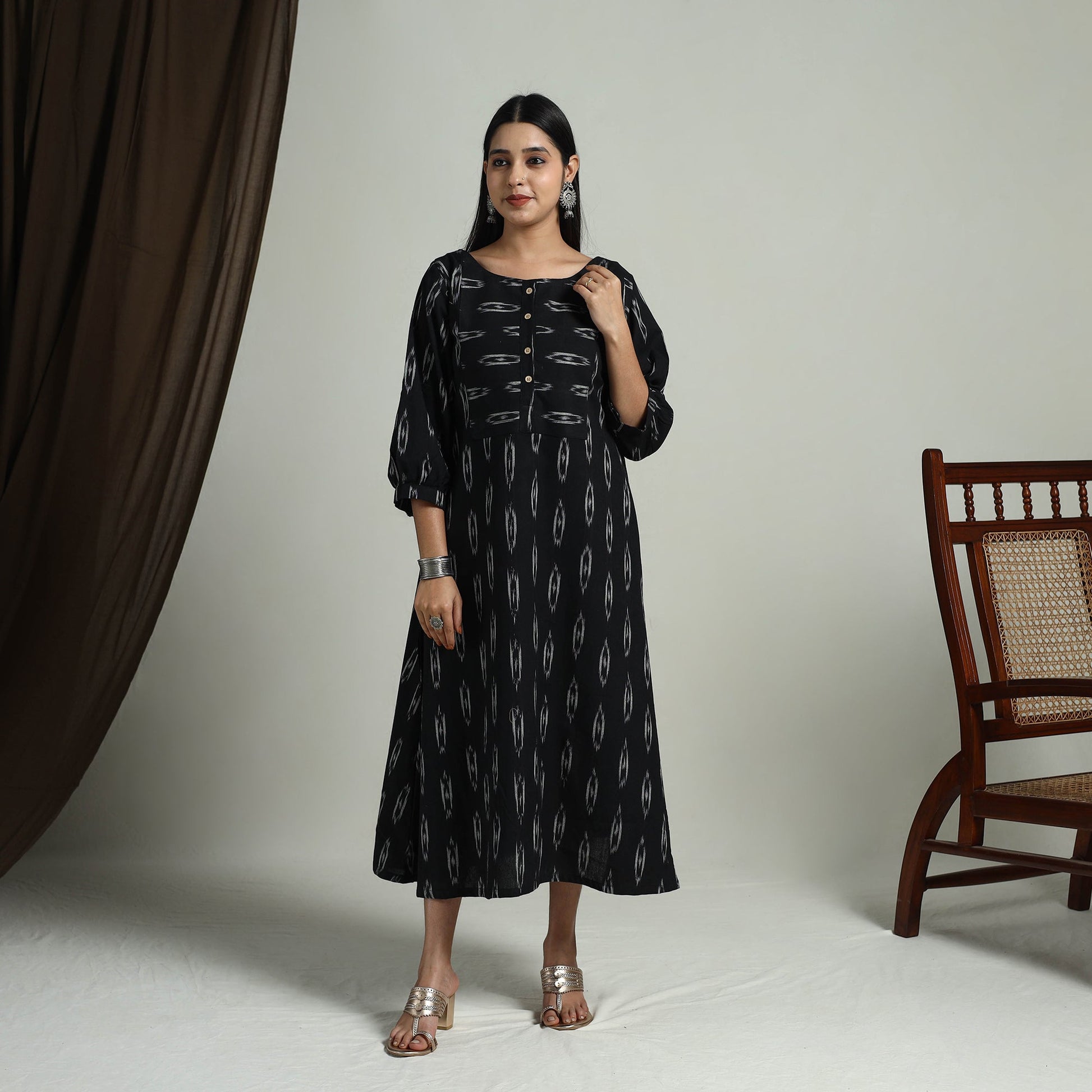 Black - Flared Cotton Pochampally Ikat Dress 12