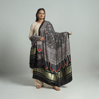Black - Modal Silk Block Print Ajrakh Dupatta 90