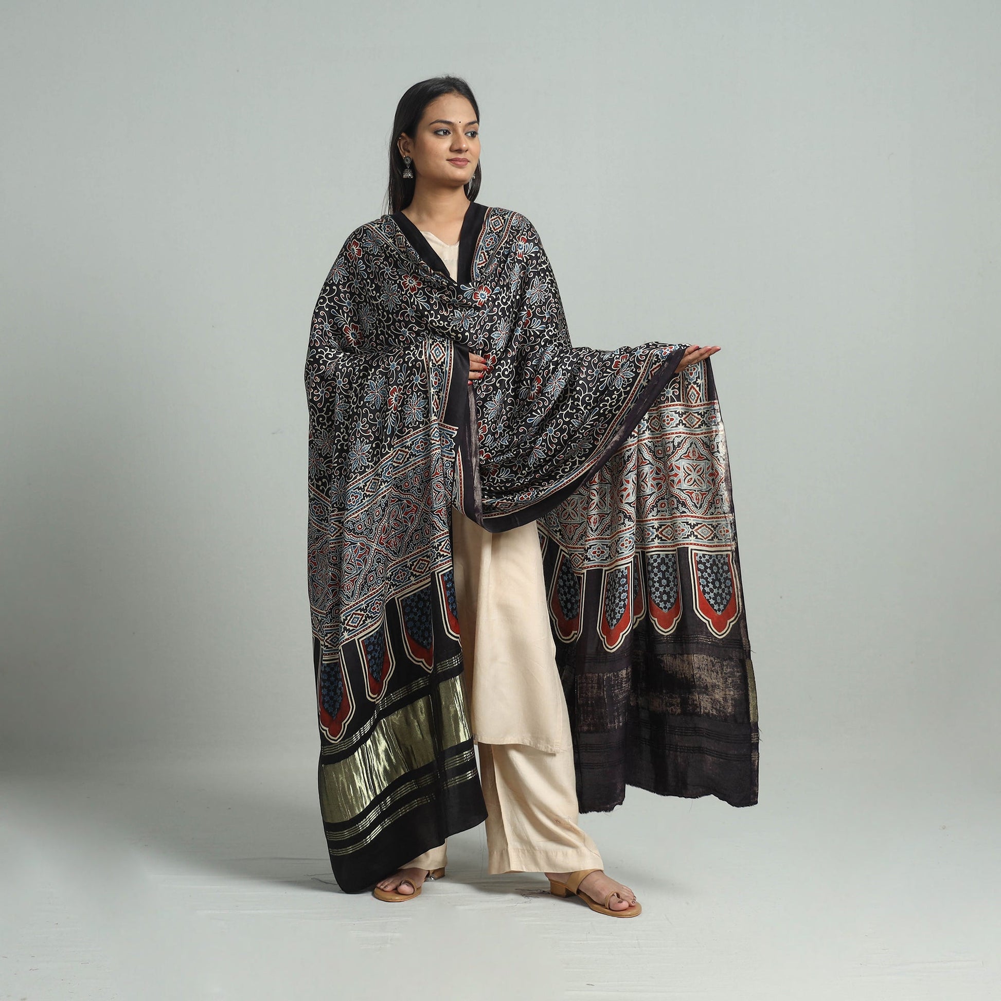 Black - Modal Silk Block Print Ajrakh Dupatta 90