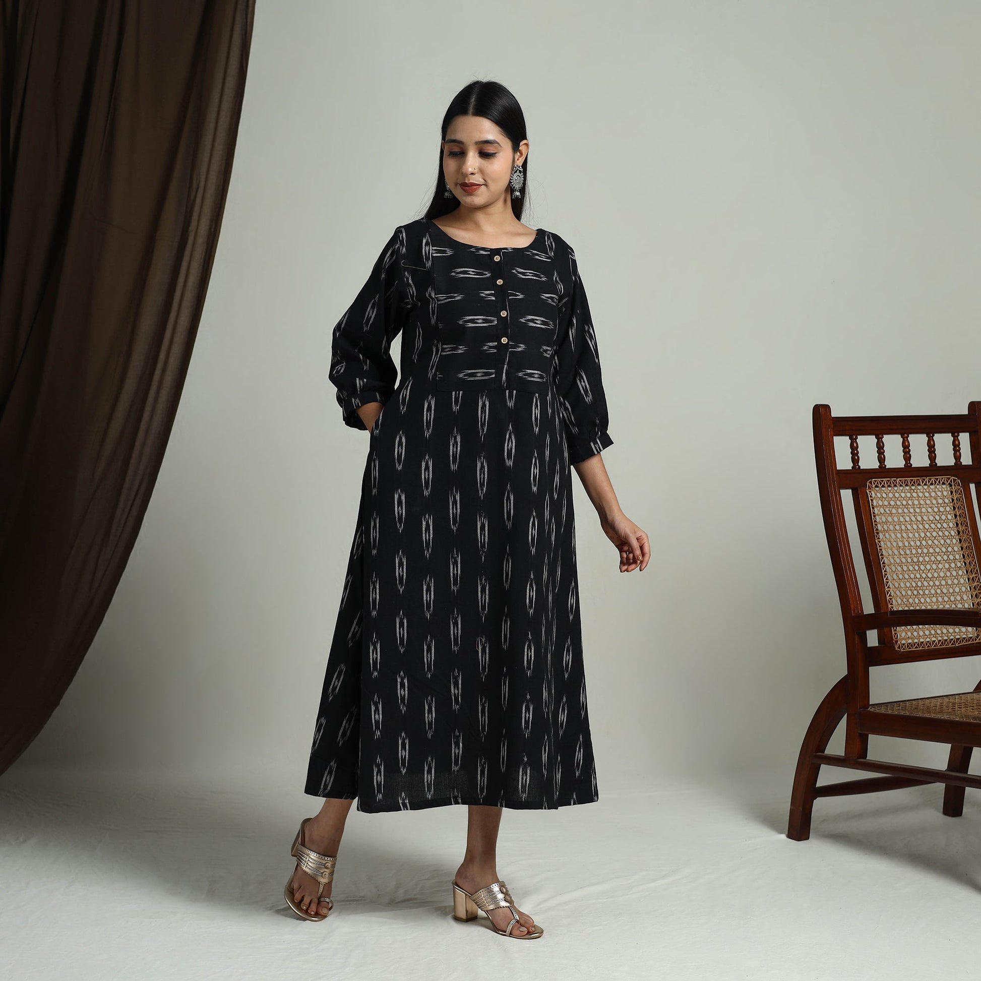 Black - Flared Cotton Pochampally Ikat Dress 12
