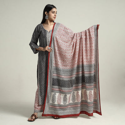 Black - Bagh Block Printed Cotton Kurta with Palazzo & Dupatta Set 09