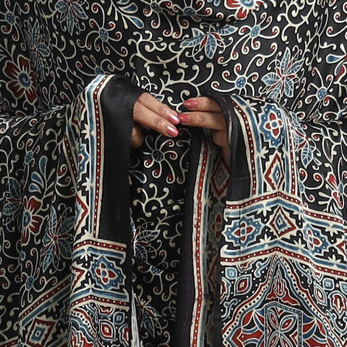 Black - Modal Silk Block Print Ajrakh Dupatta 90