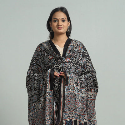 Black - Modal Silk Block Print Ajrakh Dupatta 90