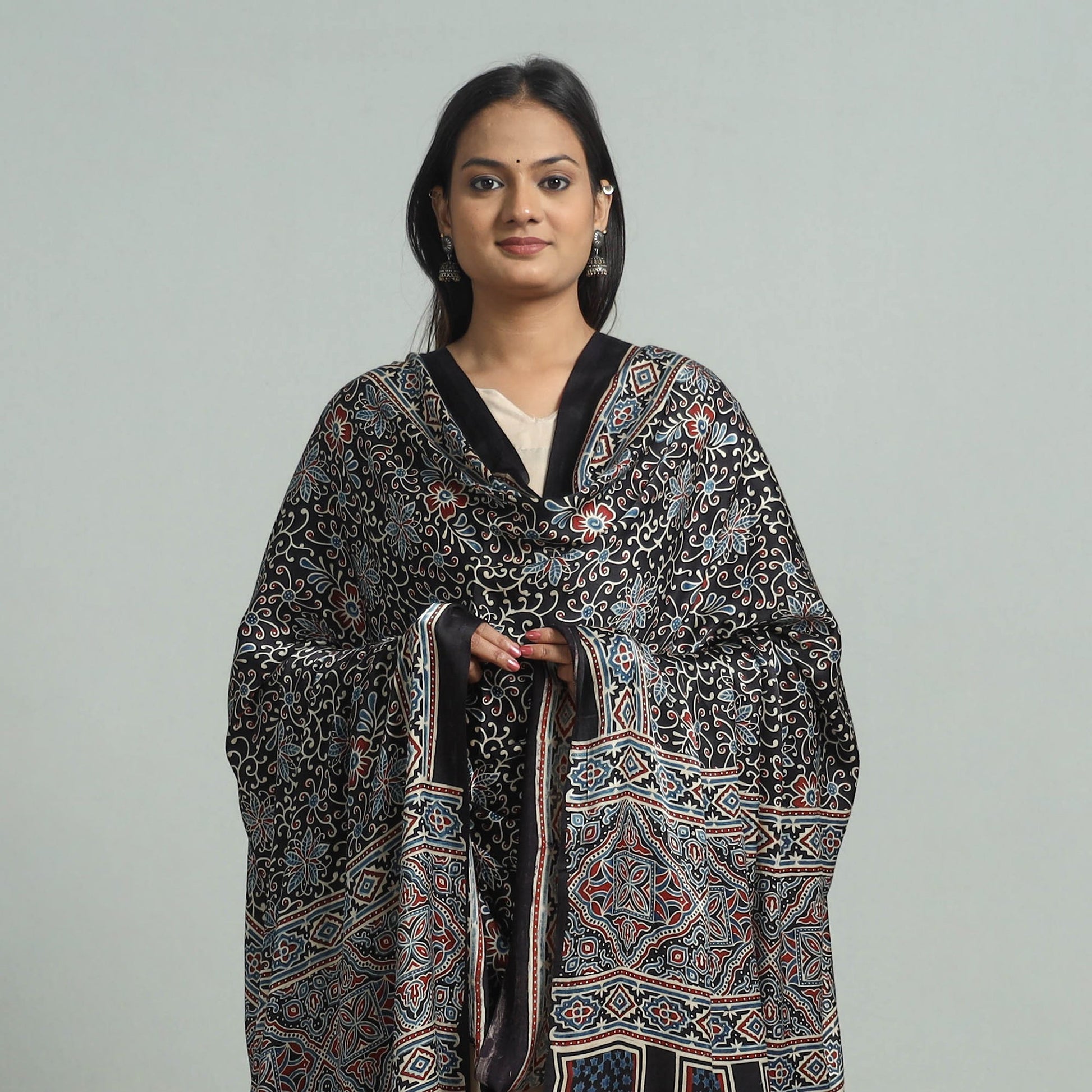 Black - Modal Silk Block Print Ajrakh Dupatta 90