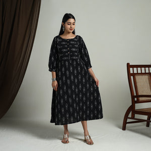 Black - Flared Cotton Pochampally Ikat Dress 12