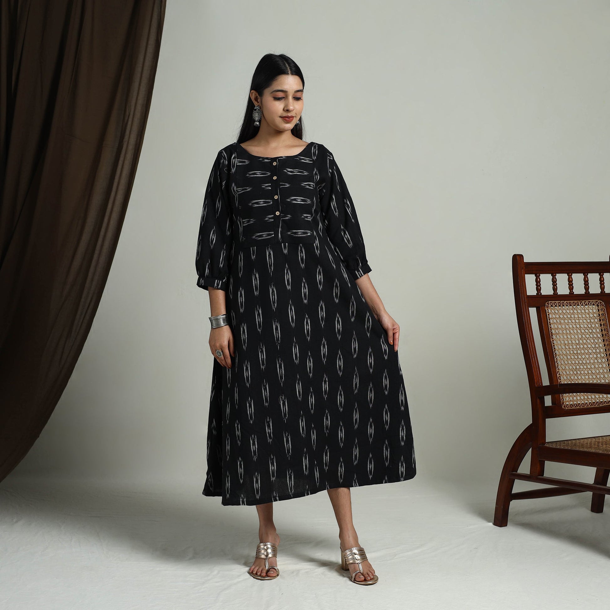 Black - Flared Cotton Pochampally Ikat Dress 12