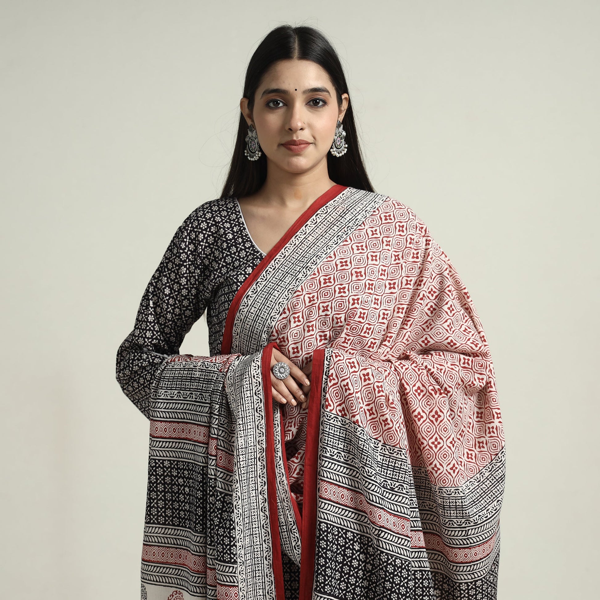 Black - Bagh Block Printed Cotton Kurta with Palazzo & Dupatta Set 09