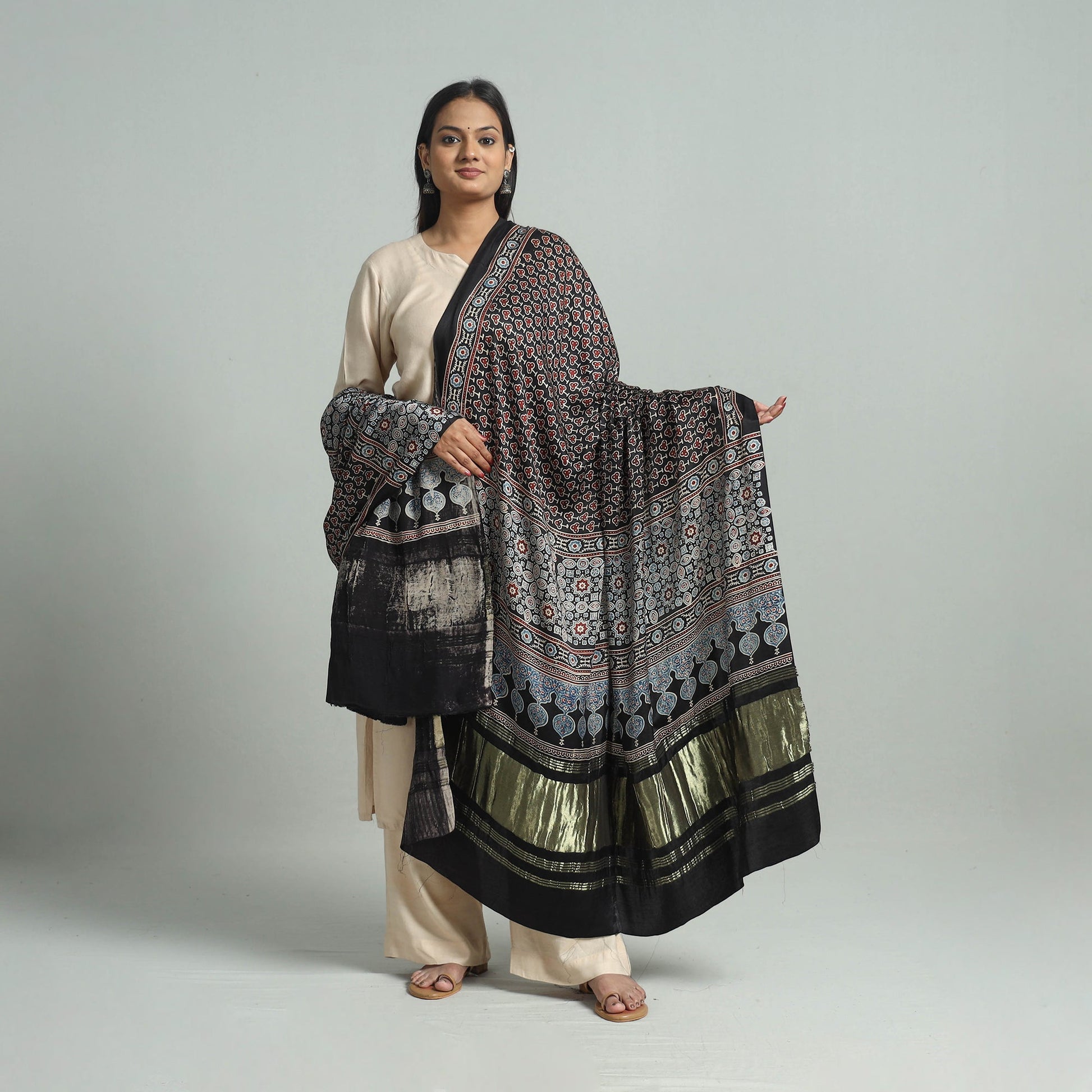 Black - Modal Silk Block Print Ajrakh Dupatta 91