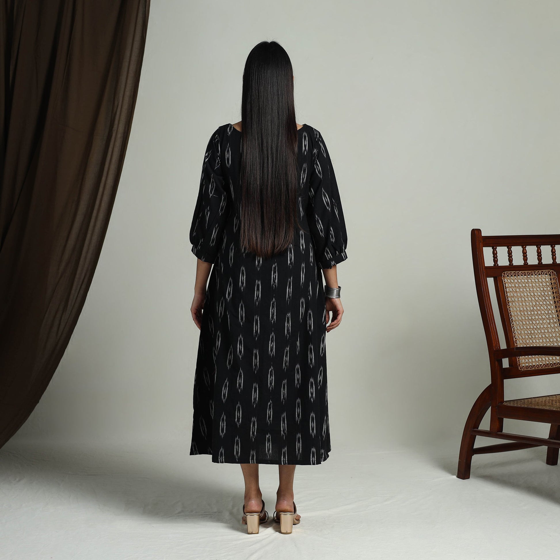 Black - Flared Cotton Pochampally Ikat Dress 12