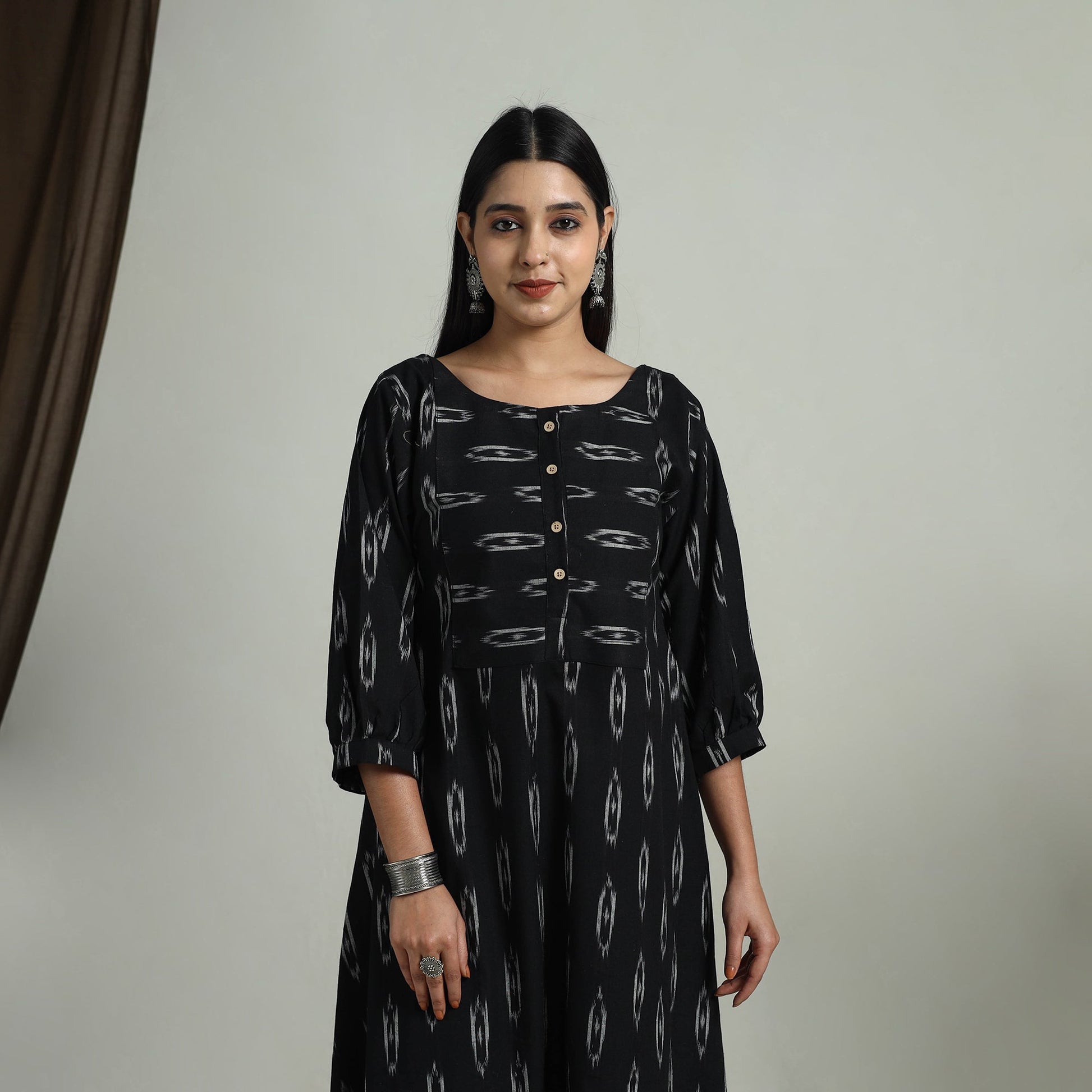 Black - Flared Cotton Pochampally Ikat Dress 12