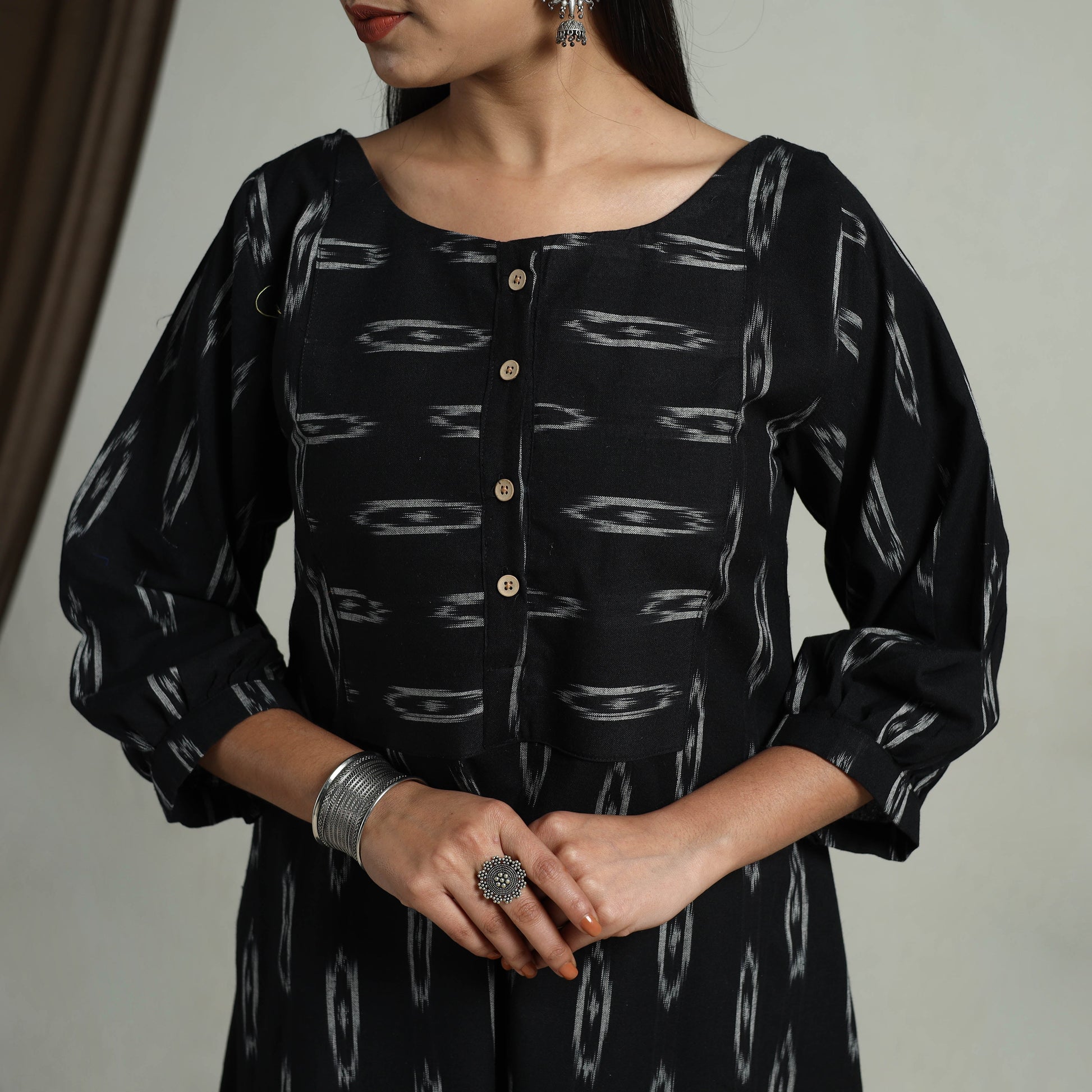 Black - Flared Cotton Pochampally Ikat Dress 12