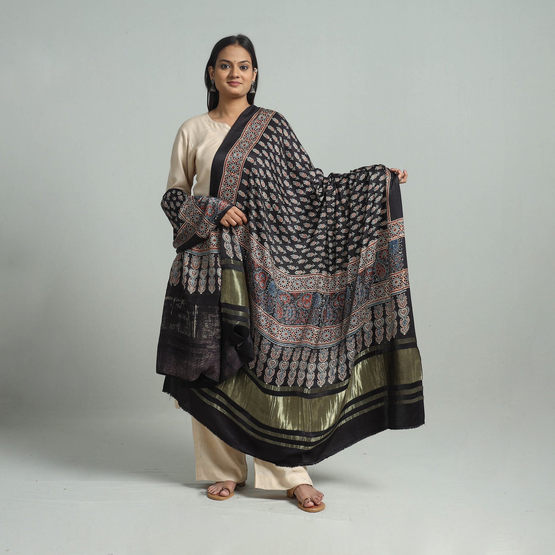 Black - Modal Silk Block Print Ajrakh Dupatta 93