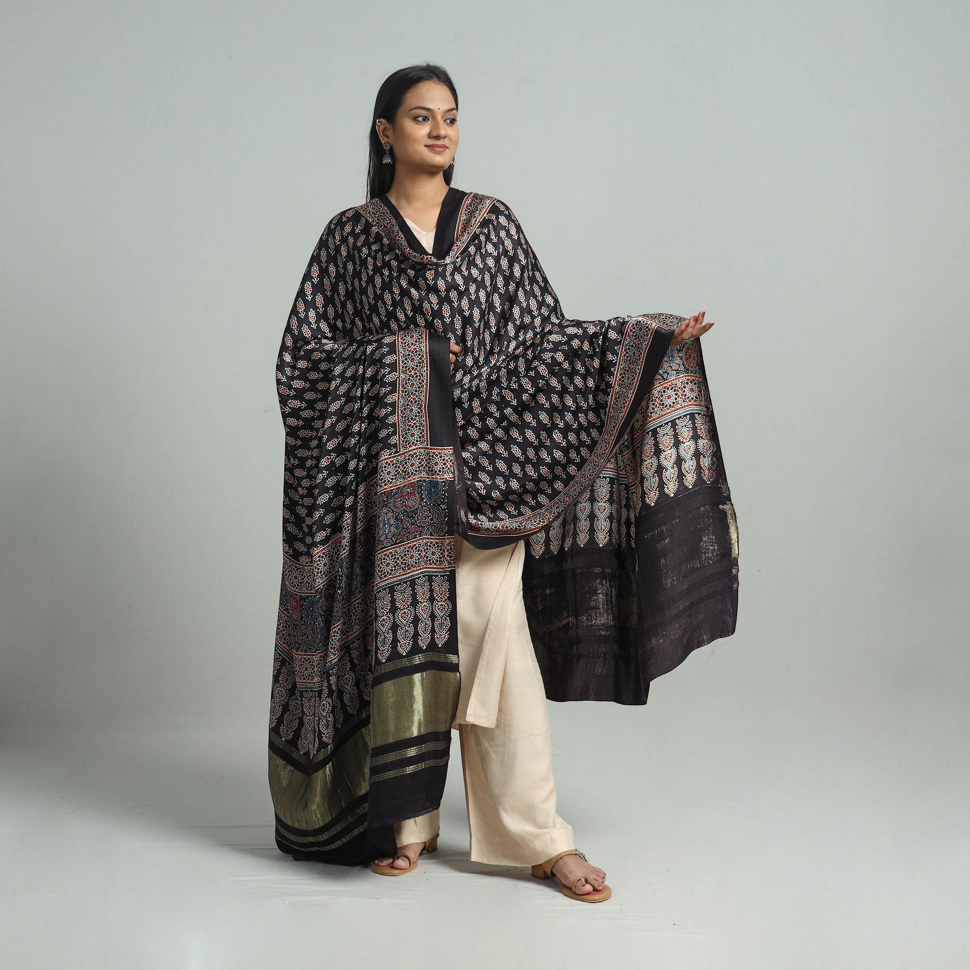 Black - Modal Silk Block Print Ajrakh Dupatta 93