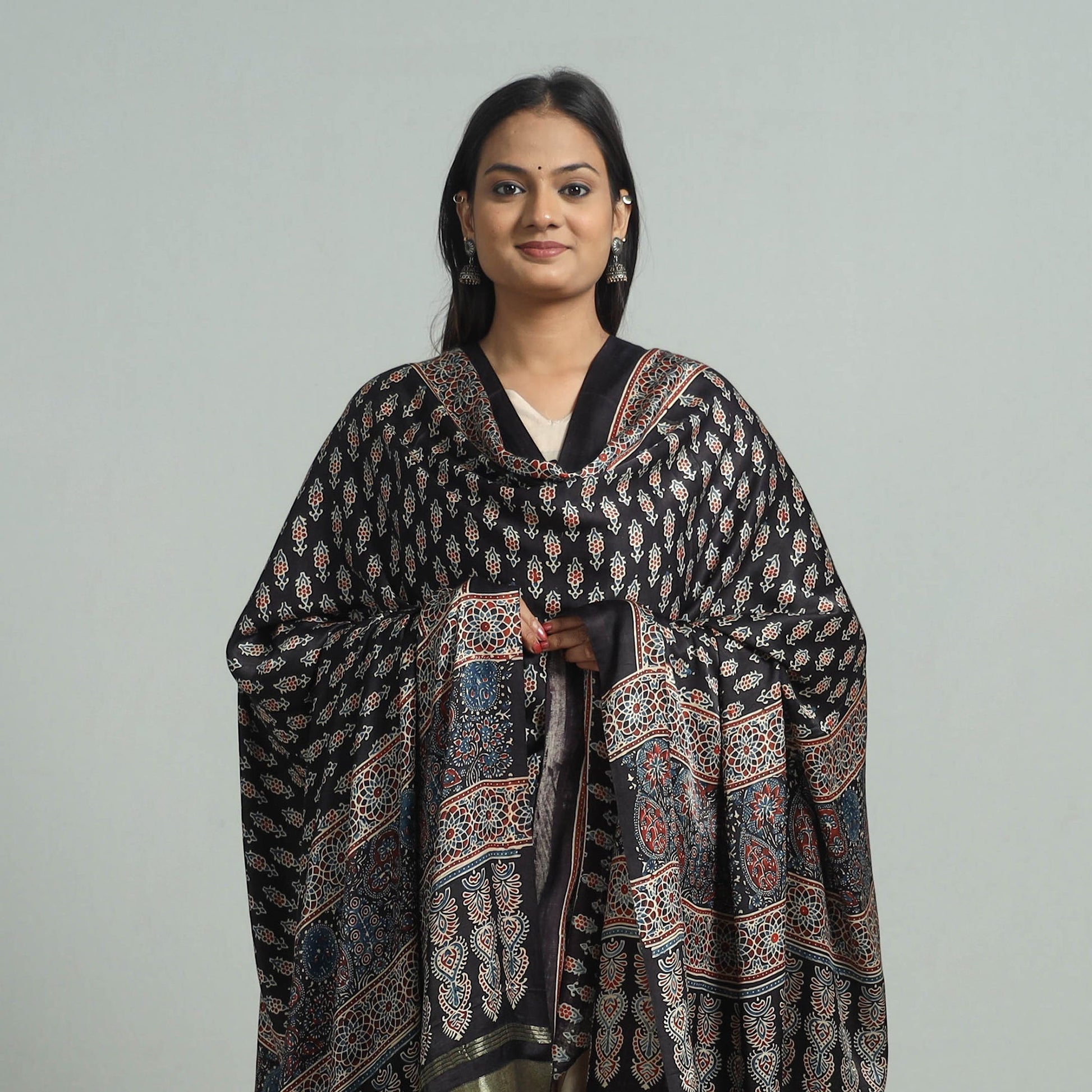 Black - Modal Silk Block Print Ajrakh Dupatta 93