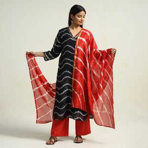 Black - Shibori Tye-Dye Chanderi Silk Kurta with Palazzo & Dupatta Set