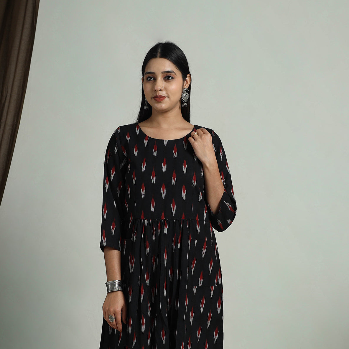 Black - Flared Cotton Pochampally Ikat Dress 03