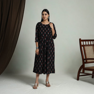 Black - Flared Cotton Pochampally Ikat Dress 03