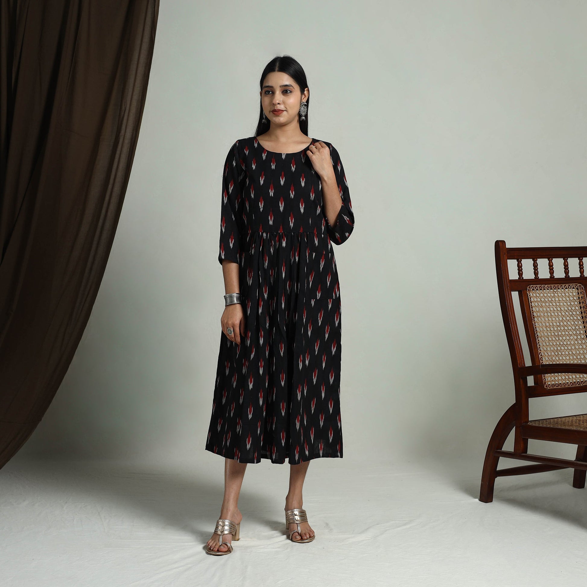 Black - Flared Cotton Pochampally Ikat Dress 03