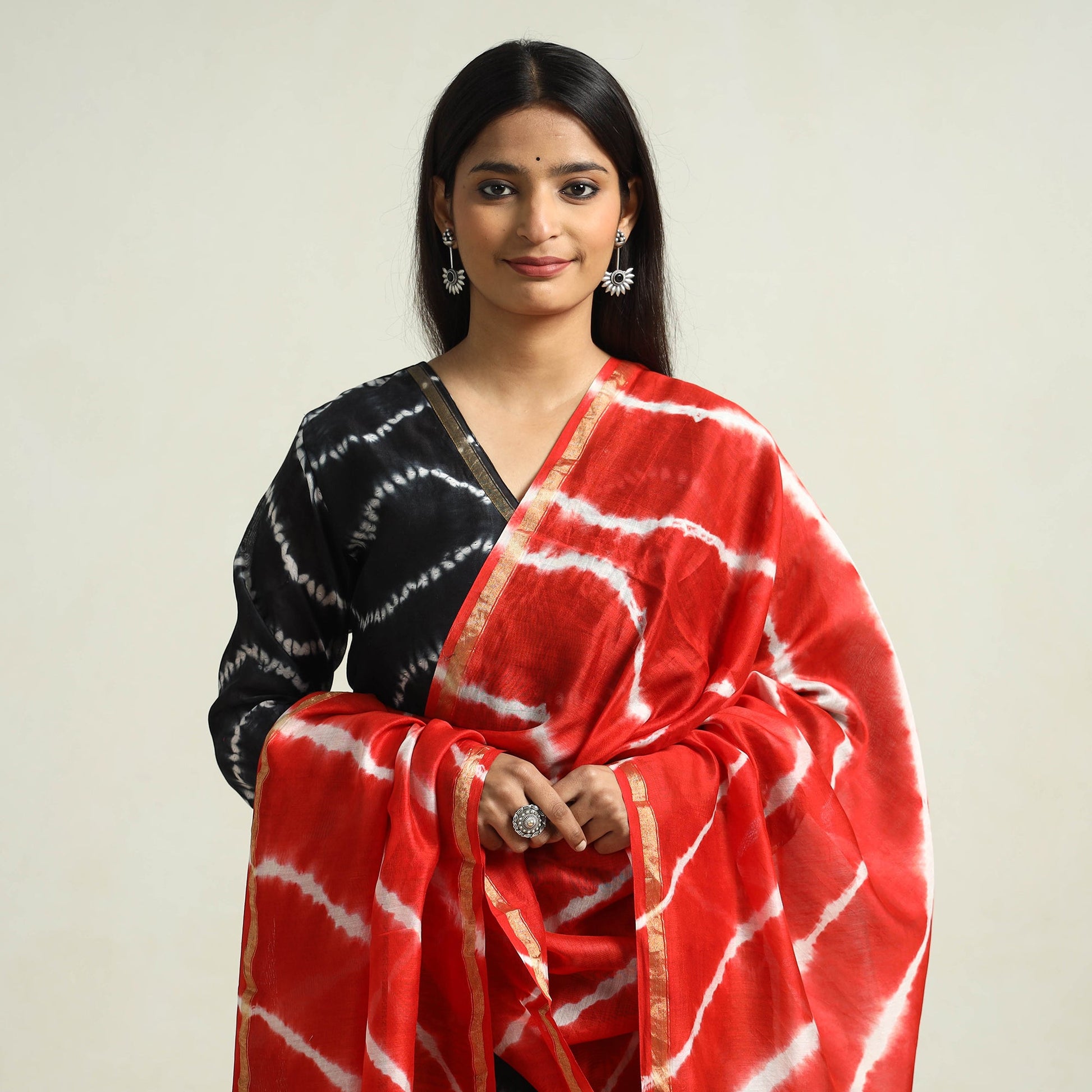 Black - Shibori Tye-Dye Chanderi Silk Kurta with Palazzo & Dupatta Set
