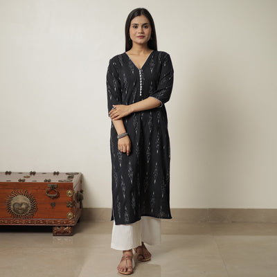 Black - Pochampally Ikat Weave Cotton Straight Kurta 05