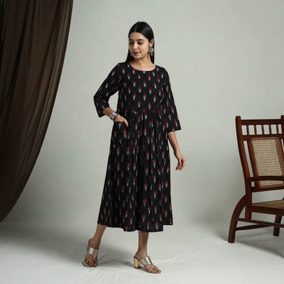 Black - Flared Cotton Pochampally Ikat Dress 03