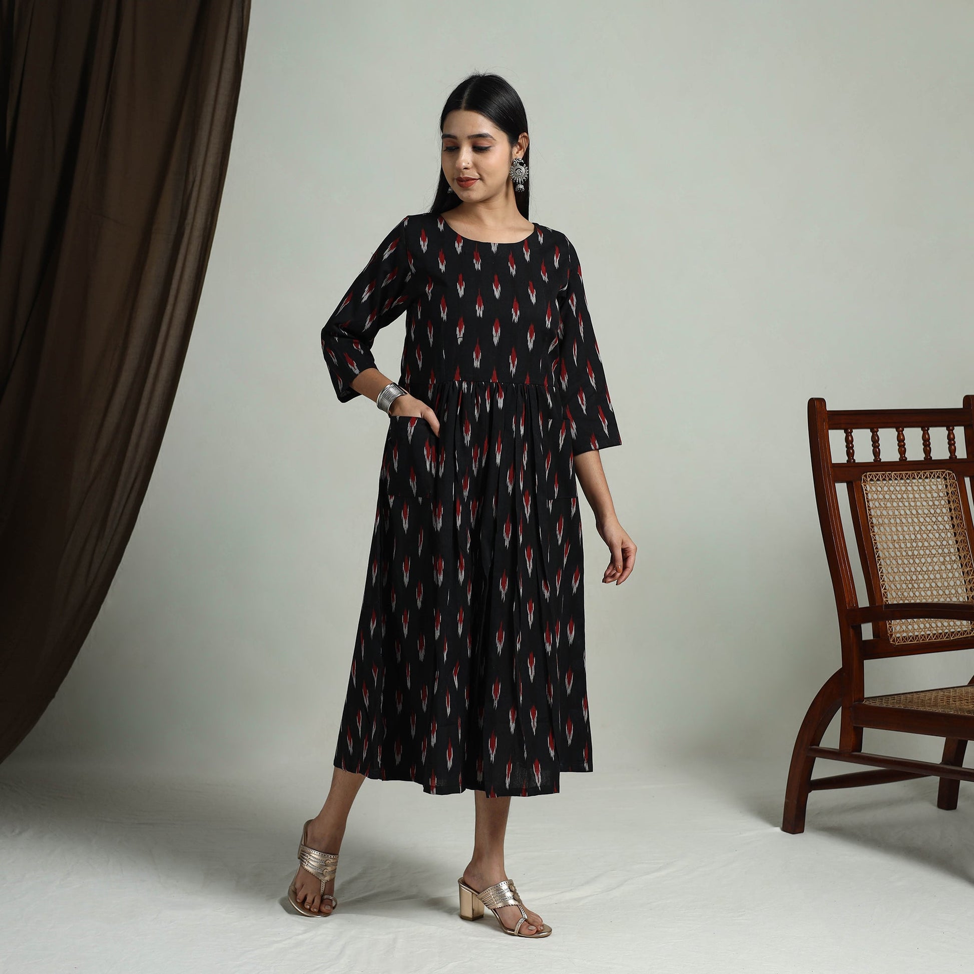 Black - Flared Cotton Pochampally Ikat Dress 03