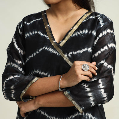 Black - Shibori Tye-Dye Chanderi Silk Kurta with Palazzo & Dupatta Set