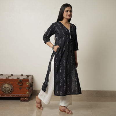 Black - Pochampally Ikat Weave Cotton Straight Kurta 05