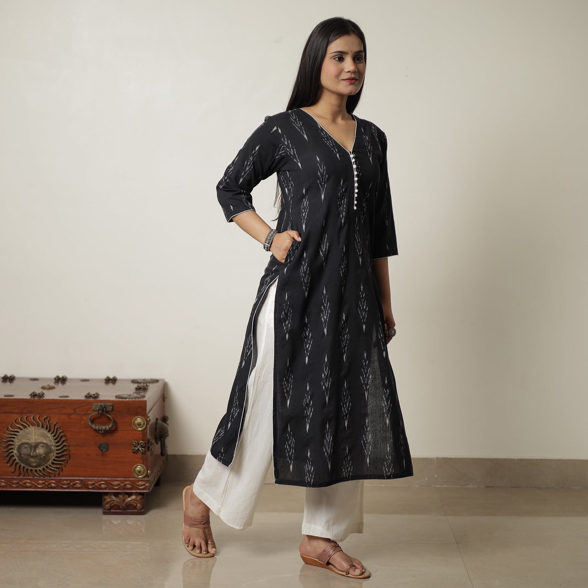 Black - Pochampally Ikat Weave Cotton Straight Kurta 05