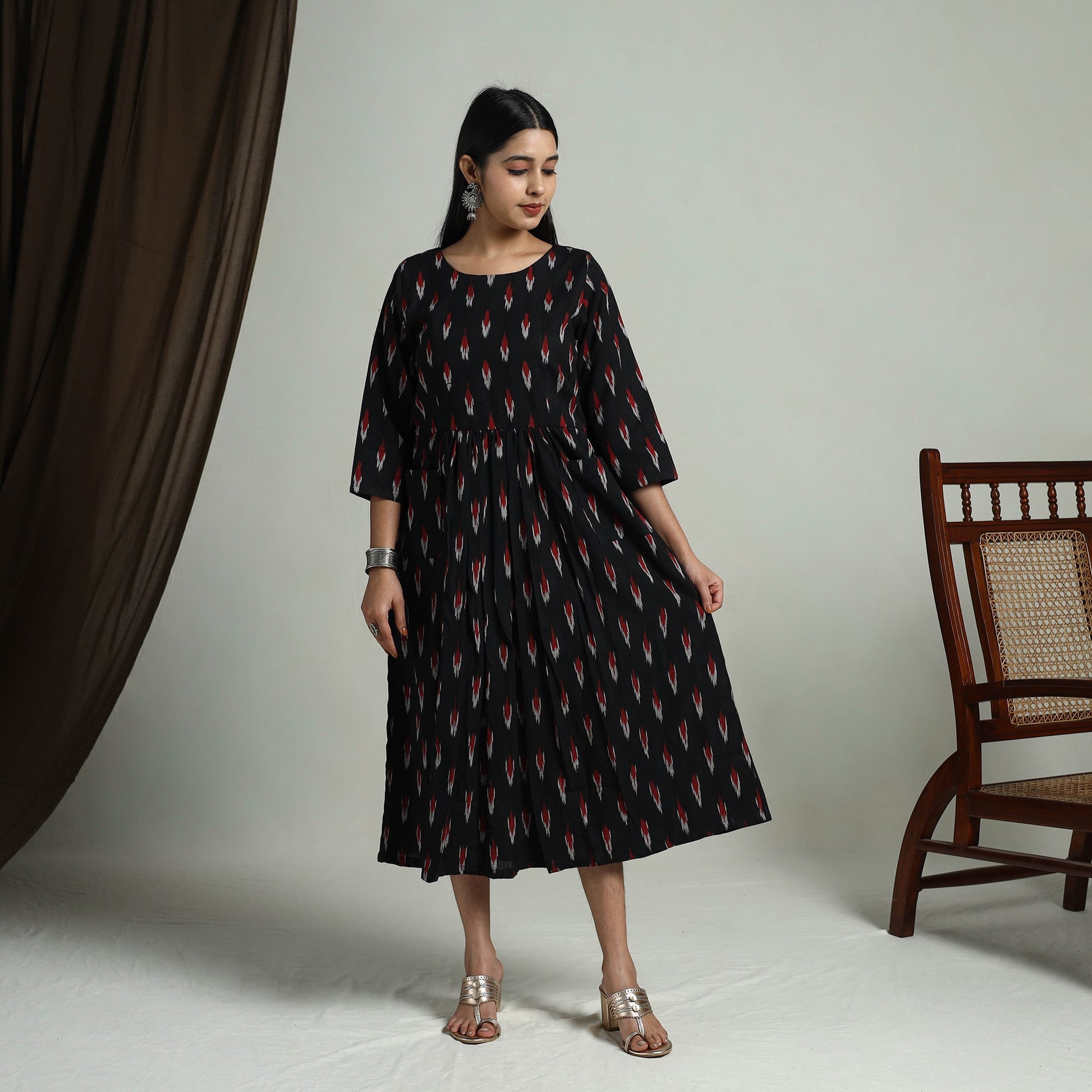 Black - Flared Cotton Pochampally Ikat Dress 03