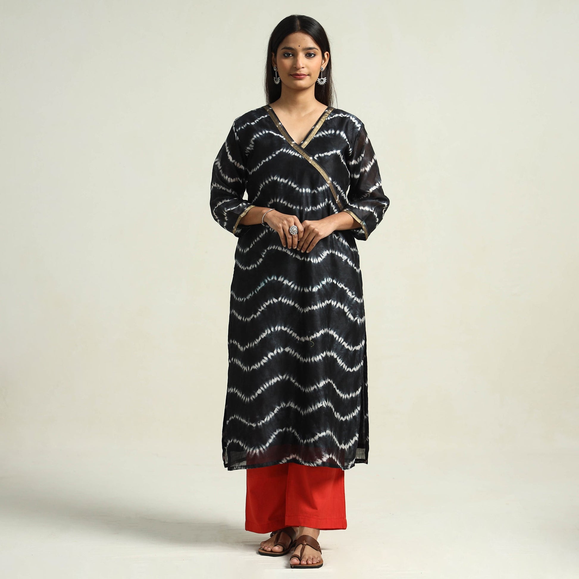 Black - Shibori Tye-Dye Chanderi Silk Kurta with Palazzo & Dupatta Set