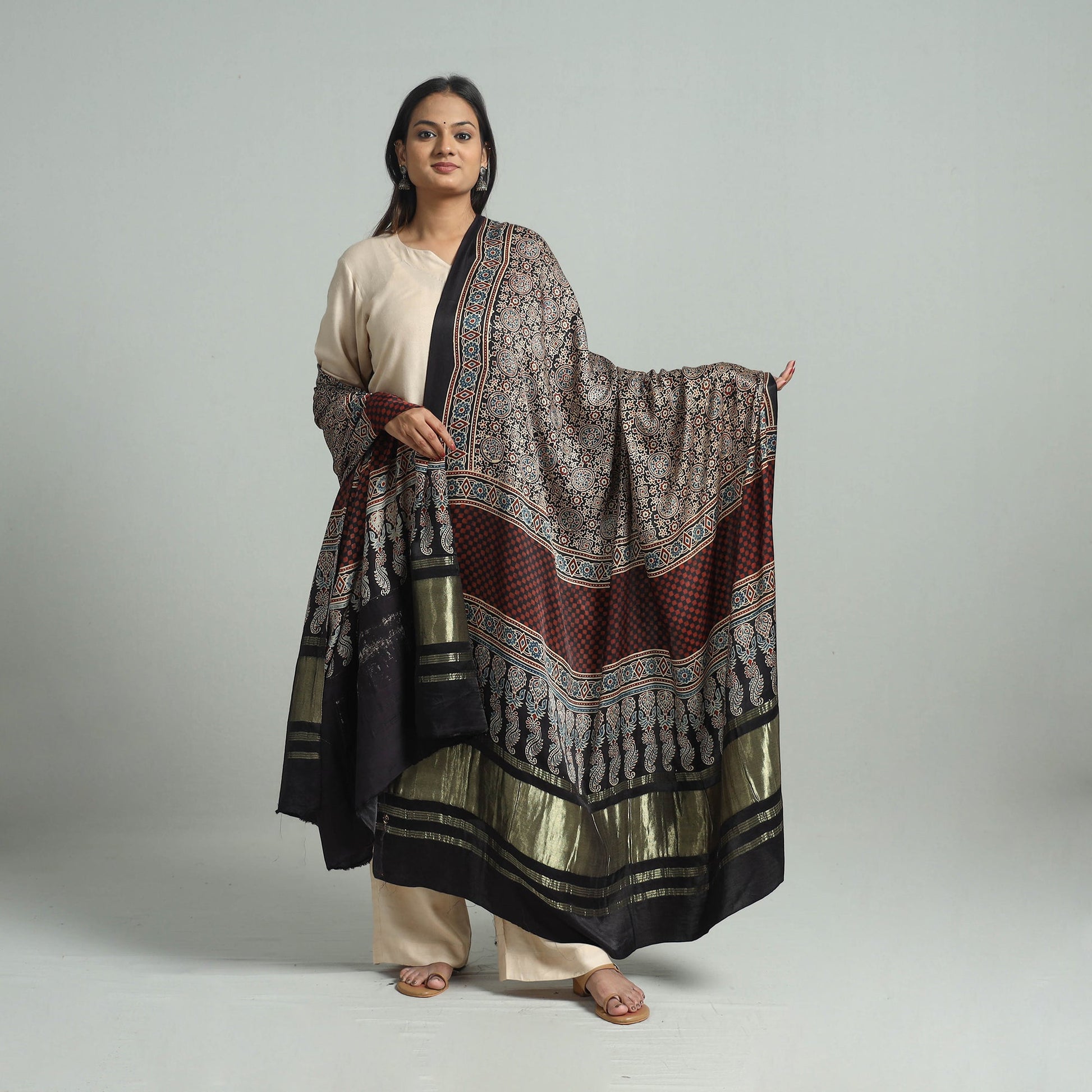 Brown - Modal Silk Block Print Ajrakh Dupatta 95