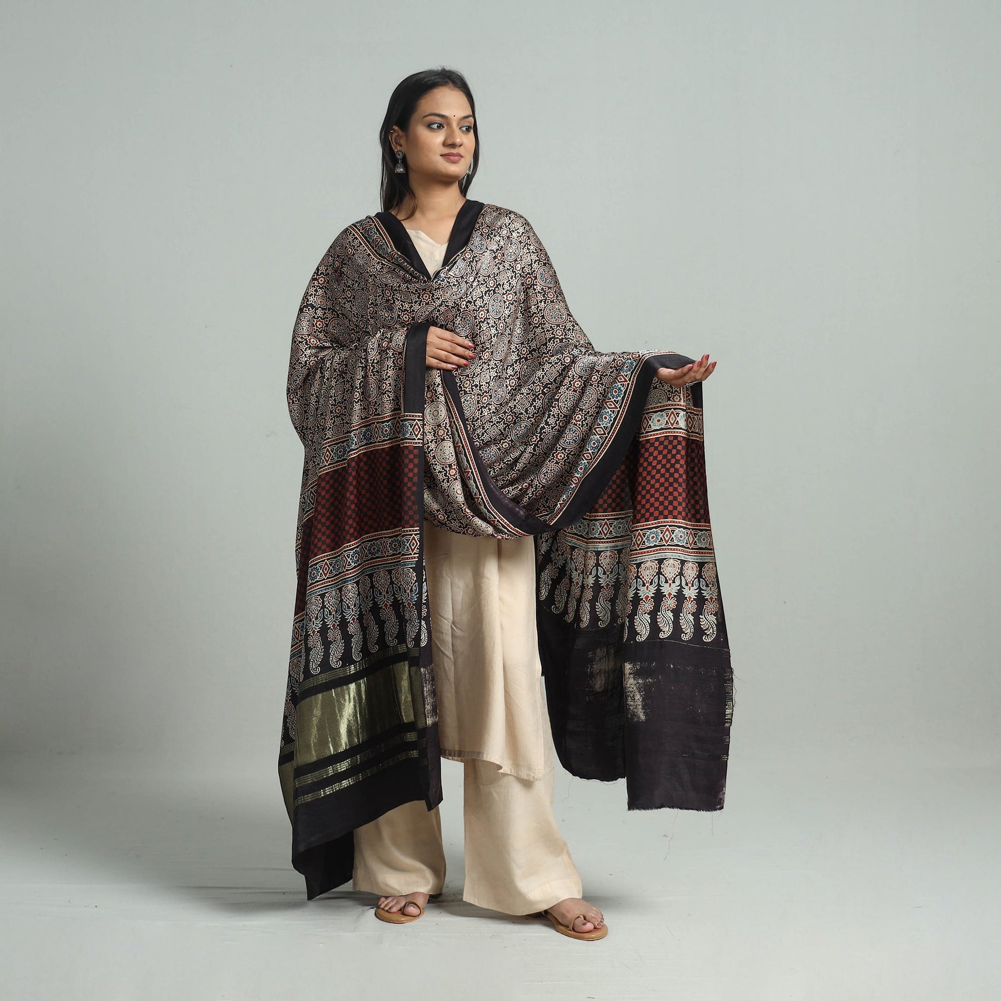 Brown - Modal Silk Block Print Ajrakh Dupatta 95