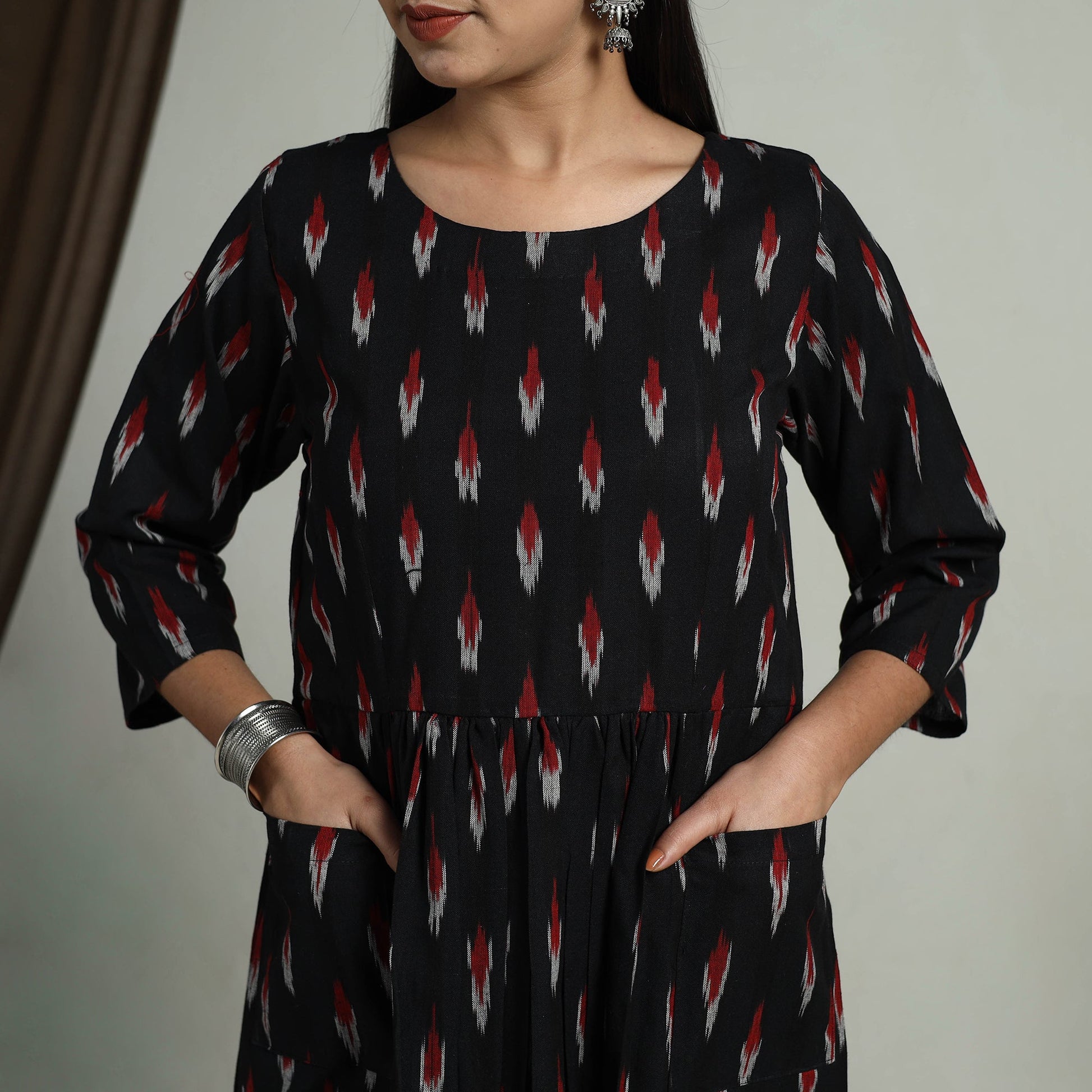 Black - Flared Cotton Pochampally Ikat Dress 03