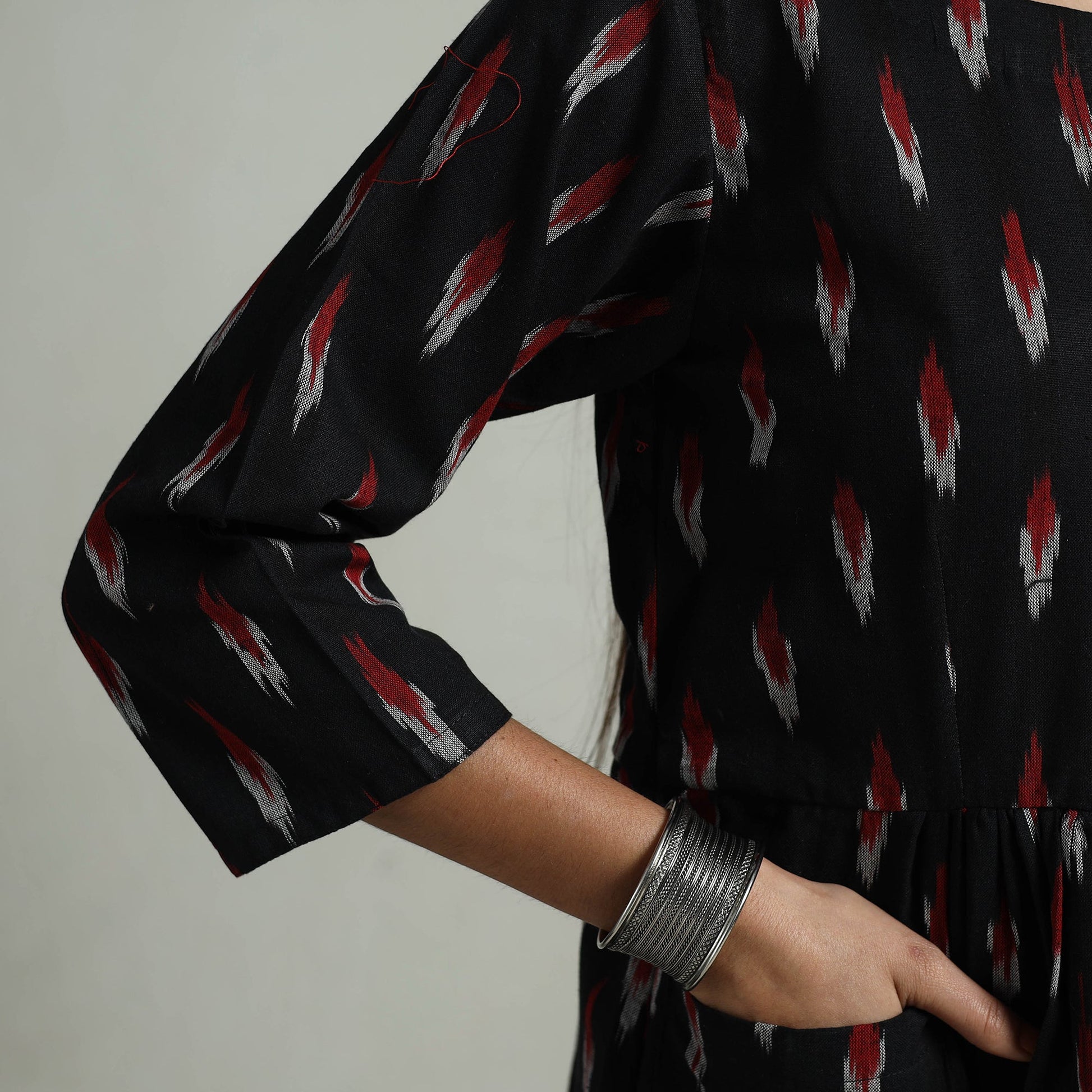 Black - Flared Cotton Pochampally Ikat Dress 03