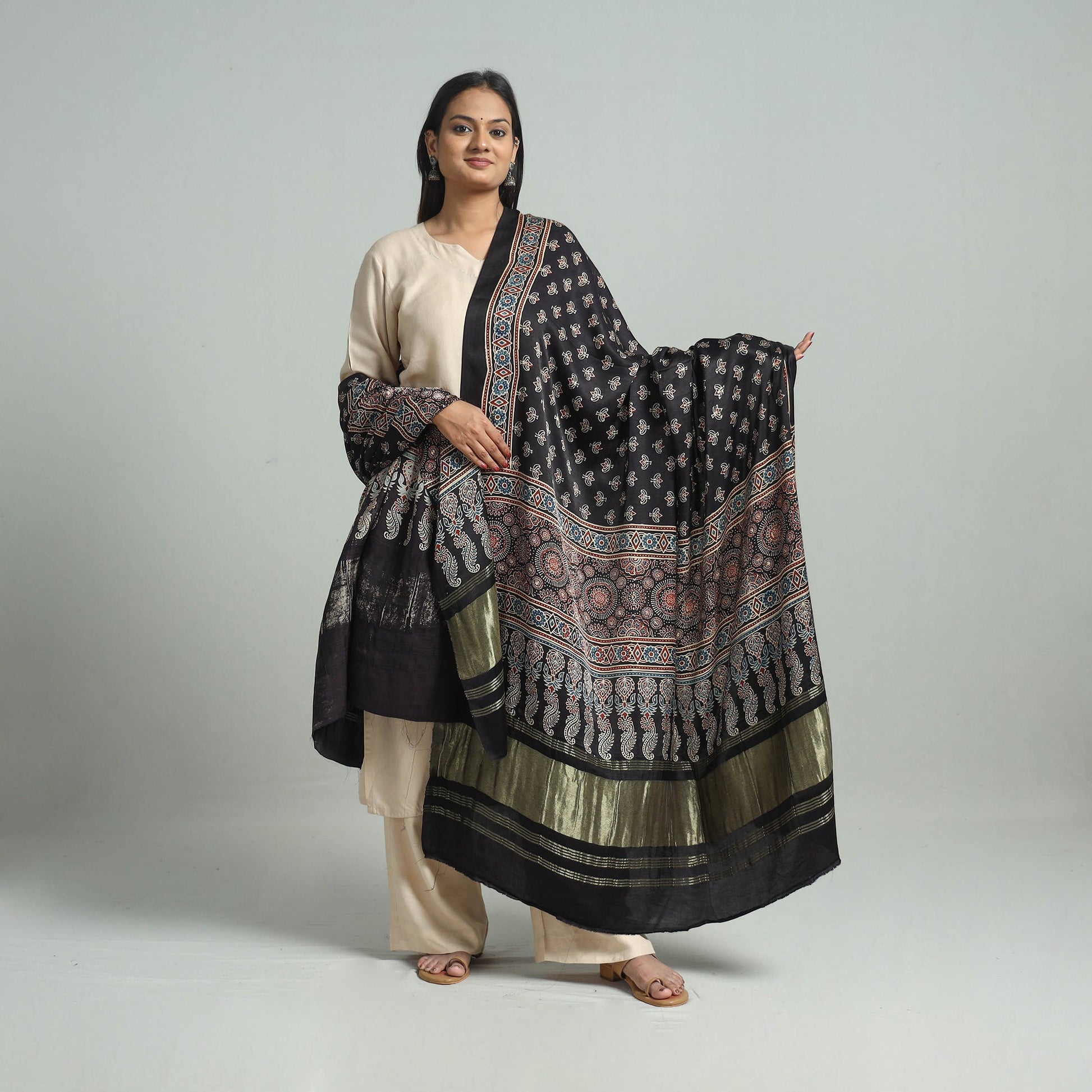 Black - Modal Silk Block Print Ajrakh Dupatta 96
