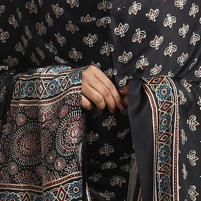 Black - Modal Silk Block Print Ajrakh Dupatta 96
