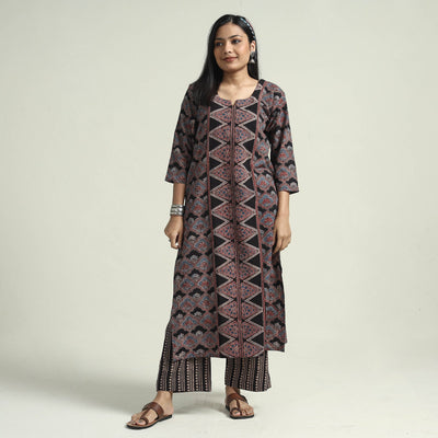 Black - Ajrakh Block Printed Cotton Kurta With Palazzo & Dupatta Set