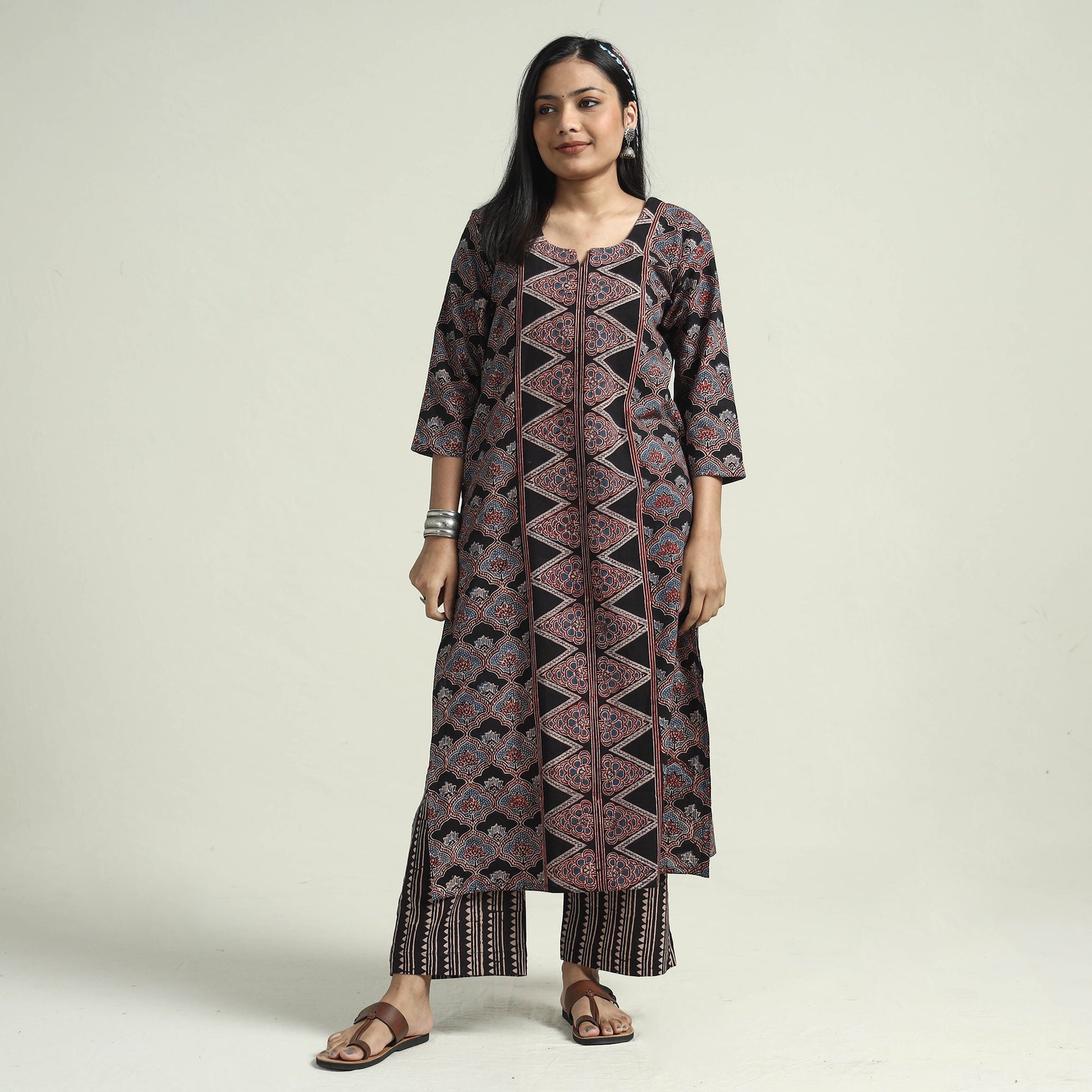 Black - Ajrakh Block Printed Cotton Kurta With Palazzo & Dupatta Set