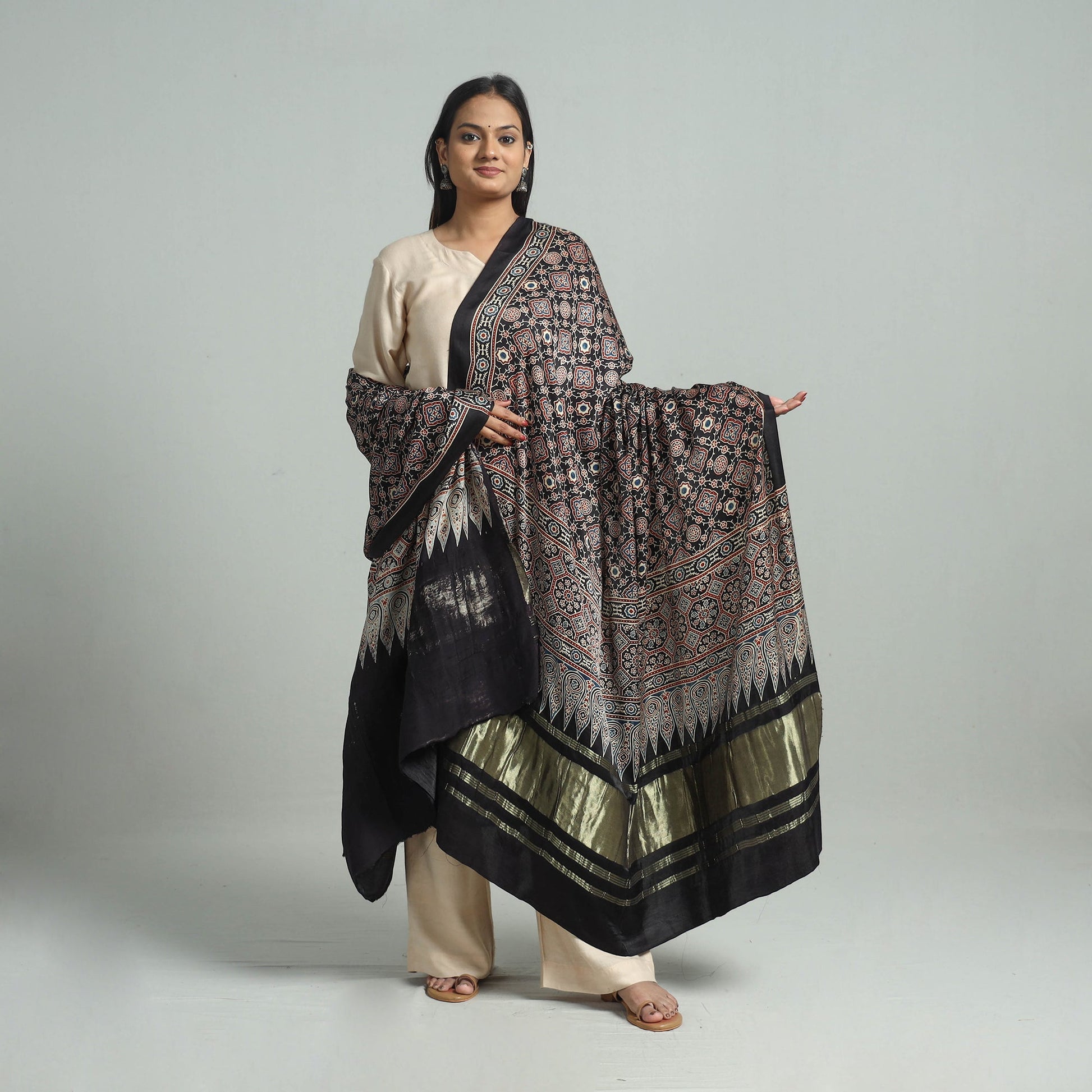 Black - Modal Silk Block Print Ajrakh Dupatta 97