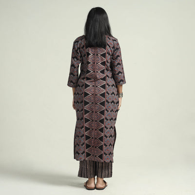 Black - Ajrakh Block Printed Cotton Kurta With Palazzo & Dupatta Set