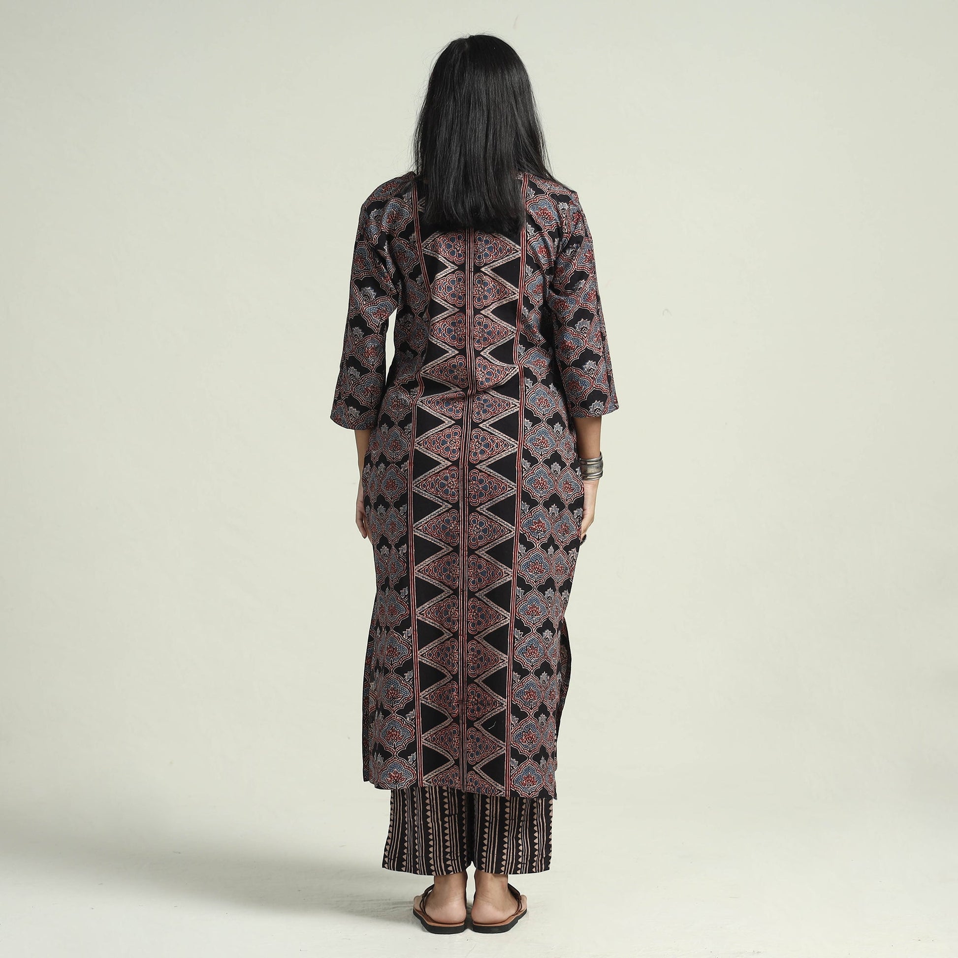 Black - Ajrakh Block Printed Cotton Kurta With Palazzo & Dupatta Set