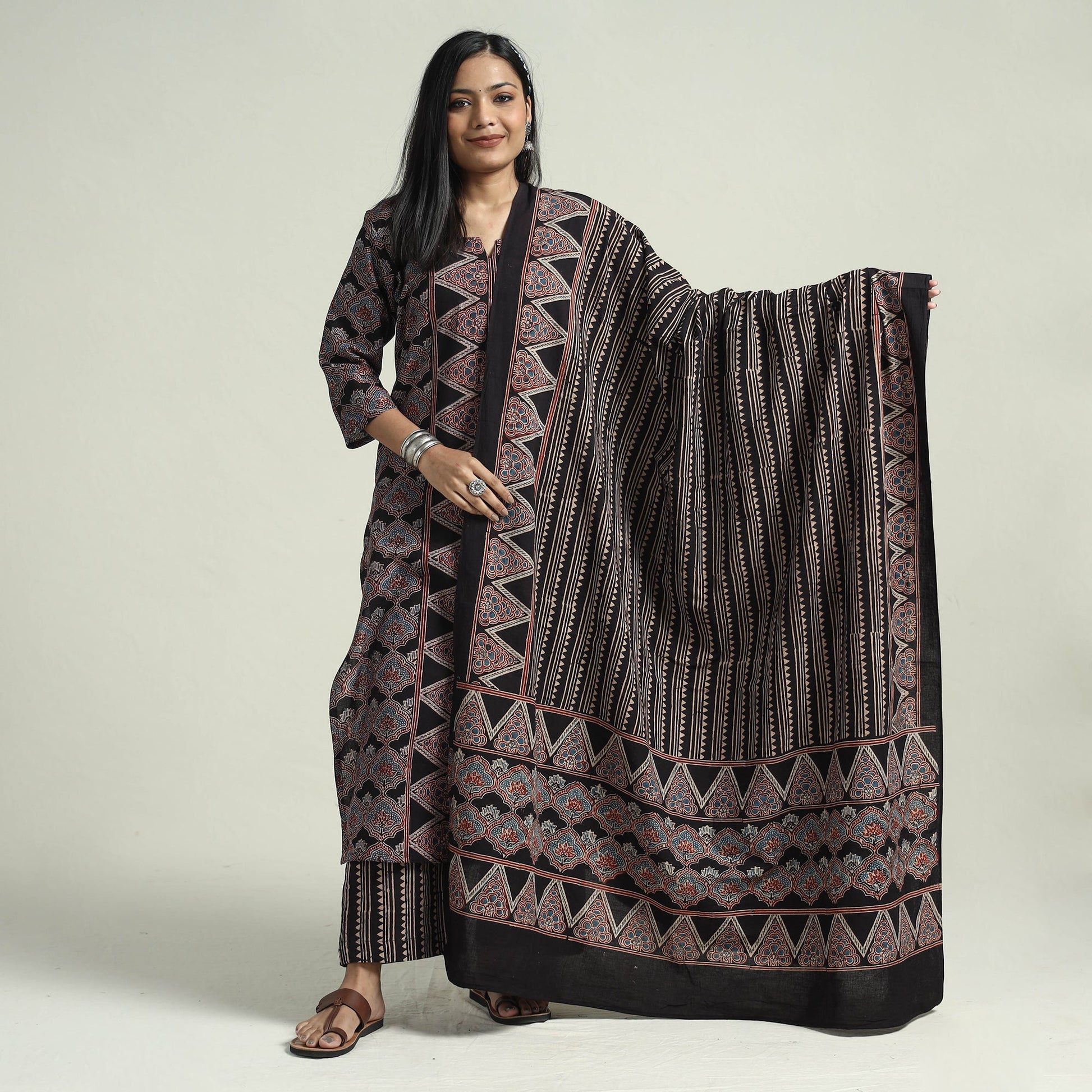 Black - Ajrakh Block Printed Cotton Kurta With Palazzo & Dupatta Set