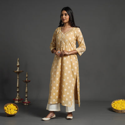 Beige - Handwoven Cutwork Cotton Banarasi Kurta 08