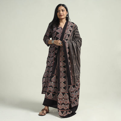Black - Ajrakh Block Printed Cotton Kurta With Palazzo & Dupatta Set