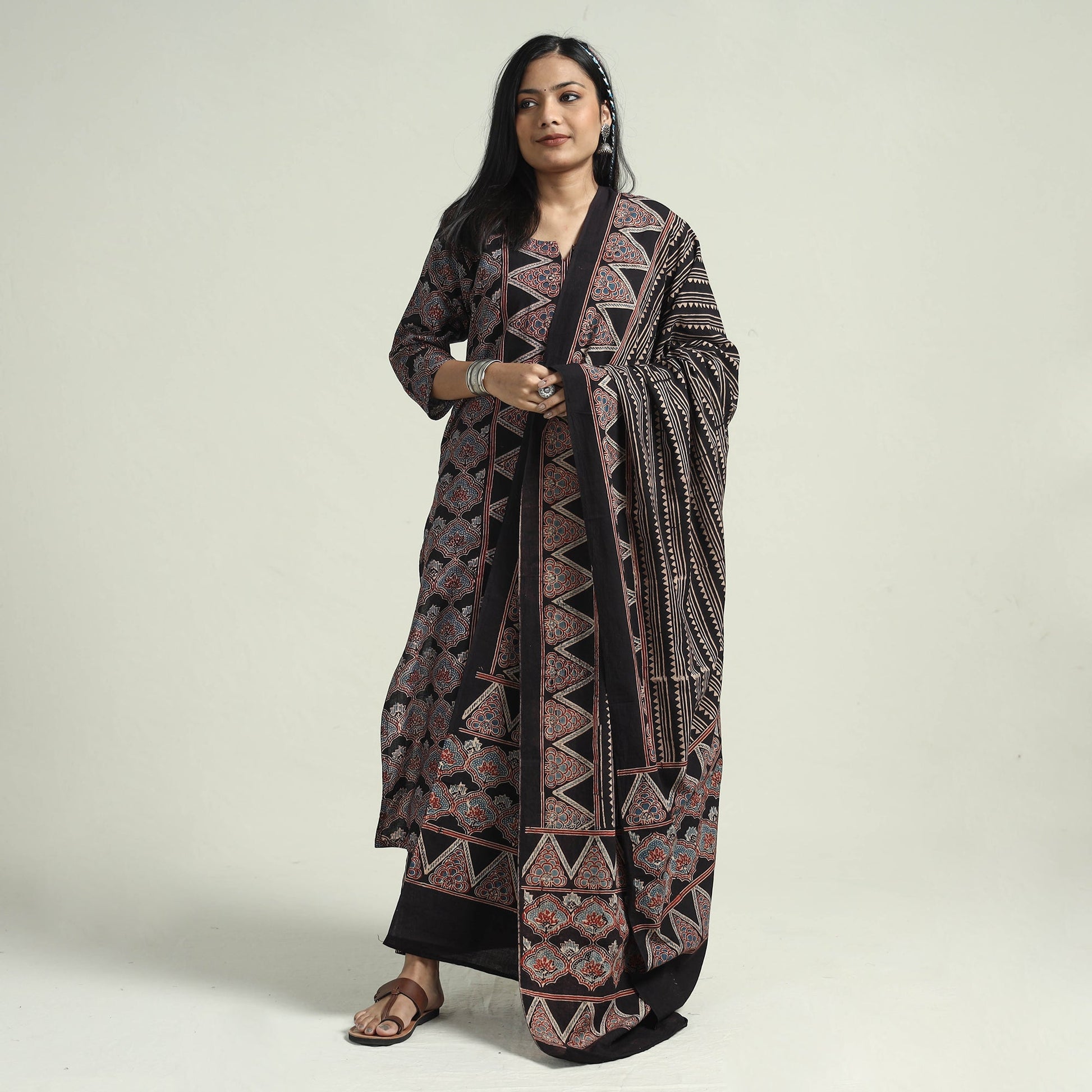 Black - Ajrakh Block Printed Cotton Kurta With Palazzo & Dupatta Set